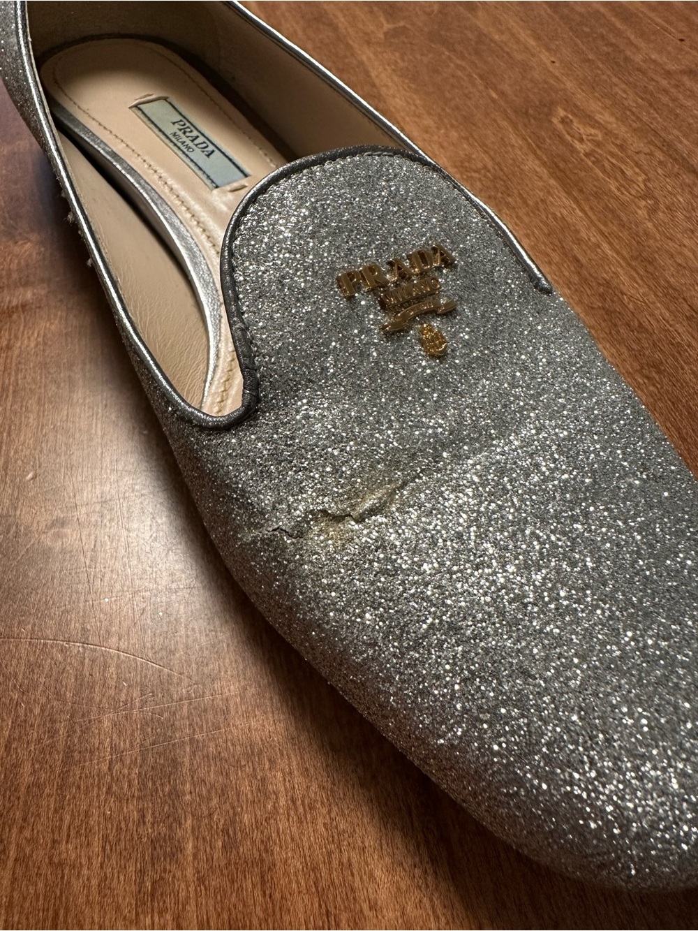 Prada Silver Glitter Slip-On Loafers, size 38
